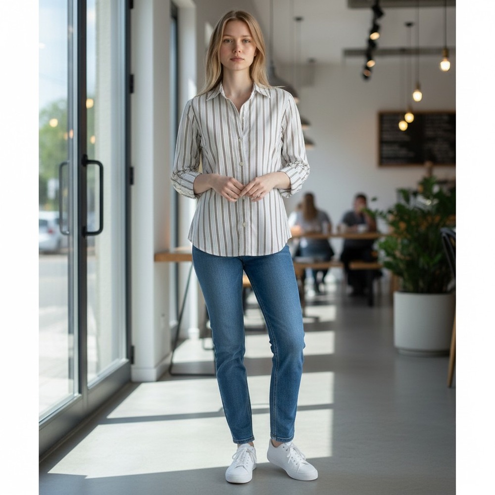 Banana Republic Button Down Women S White Brown Blue Striped‎ EUC Cotton